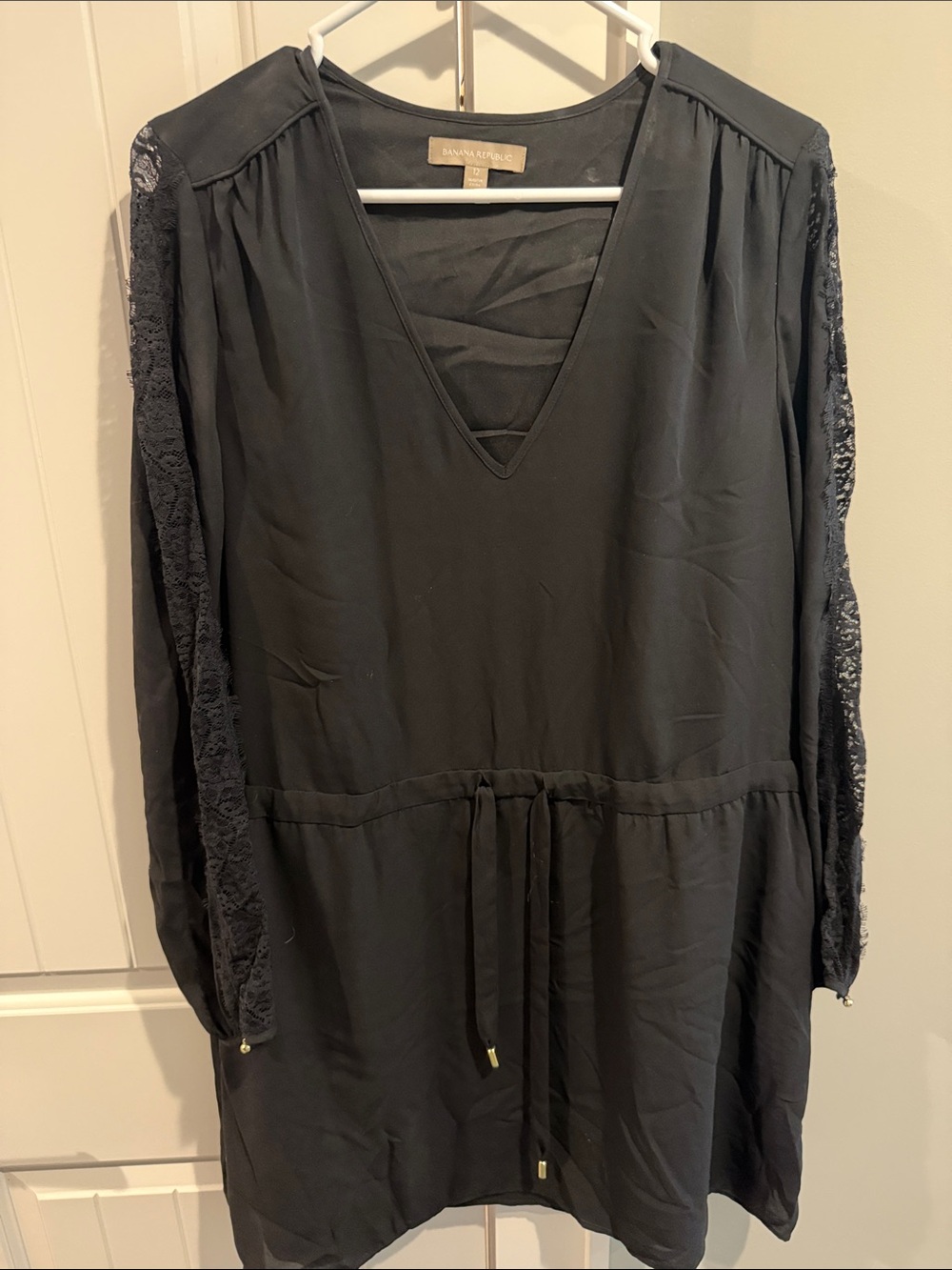 Banana Republic Black Long-Sleeve V-Neck Dress with Lace Sleeves